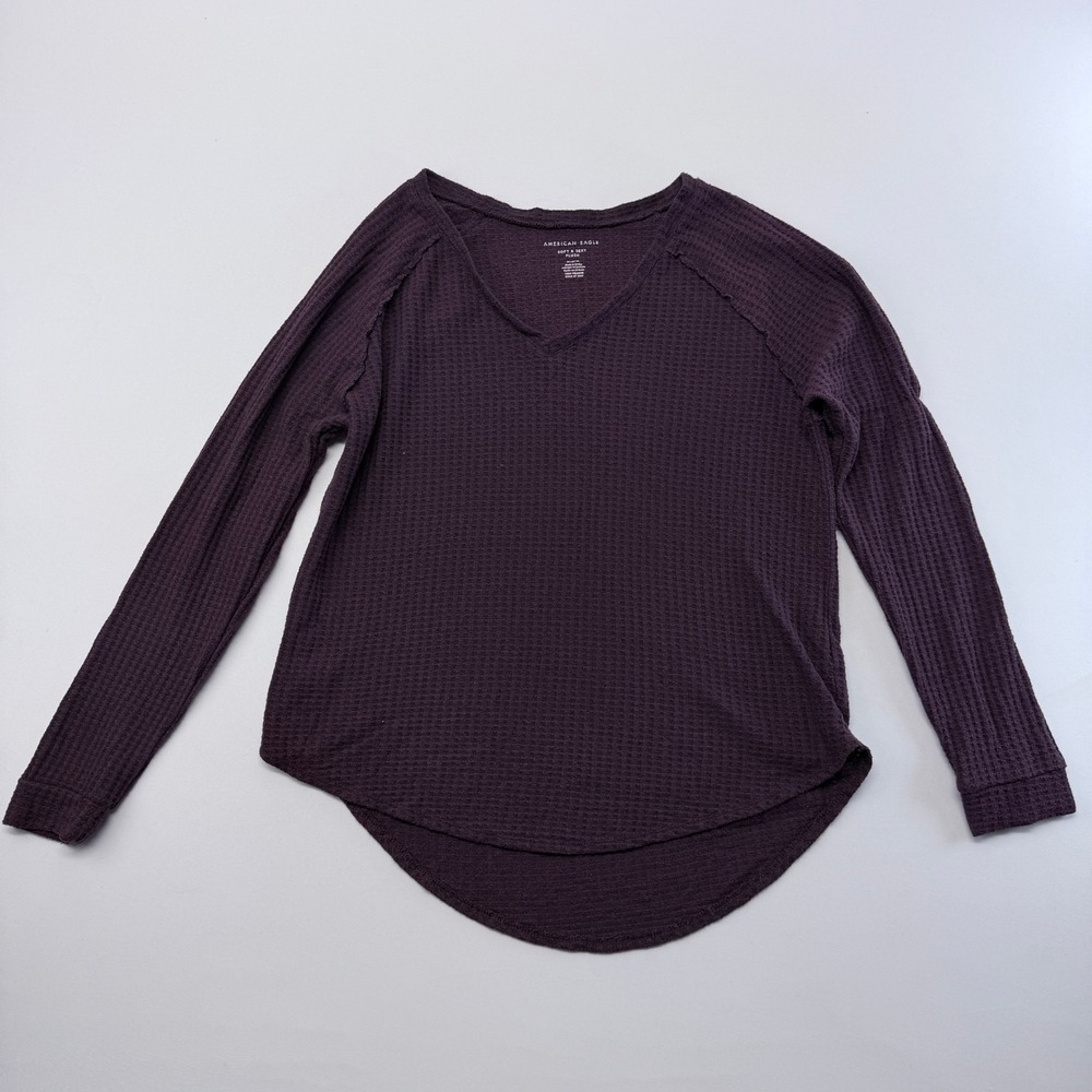 American Eagle Soft Sexy Plush Waffle Knit V-Neck Top Plum Purple Medium